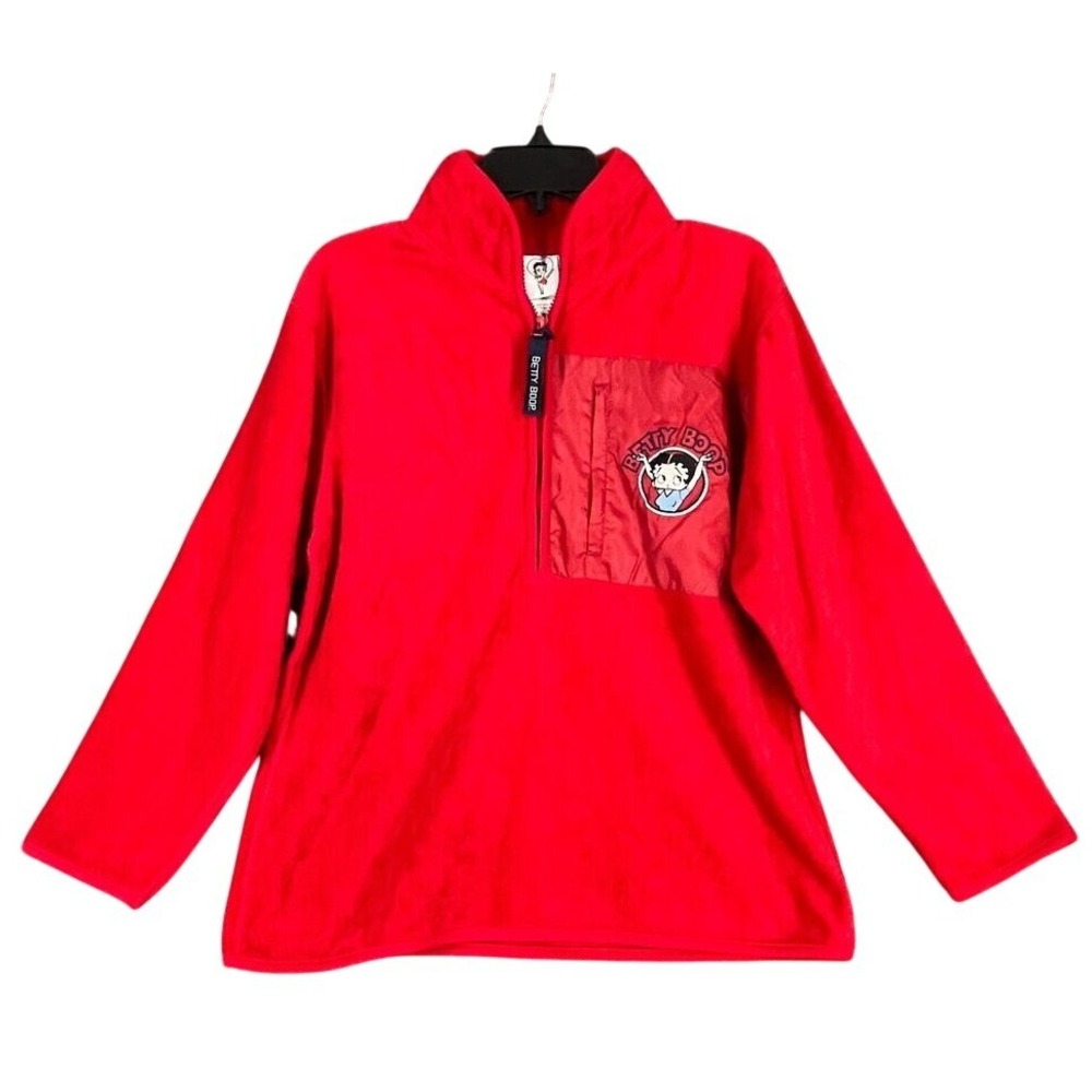 Betty Boop Sweatshirt Womens Small Red Fleece‎ Vintage Y2K Pullover Pocket Zip